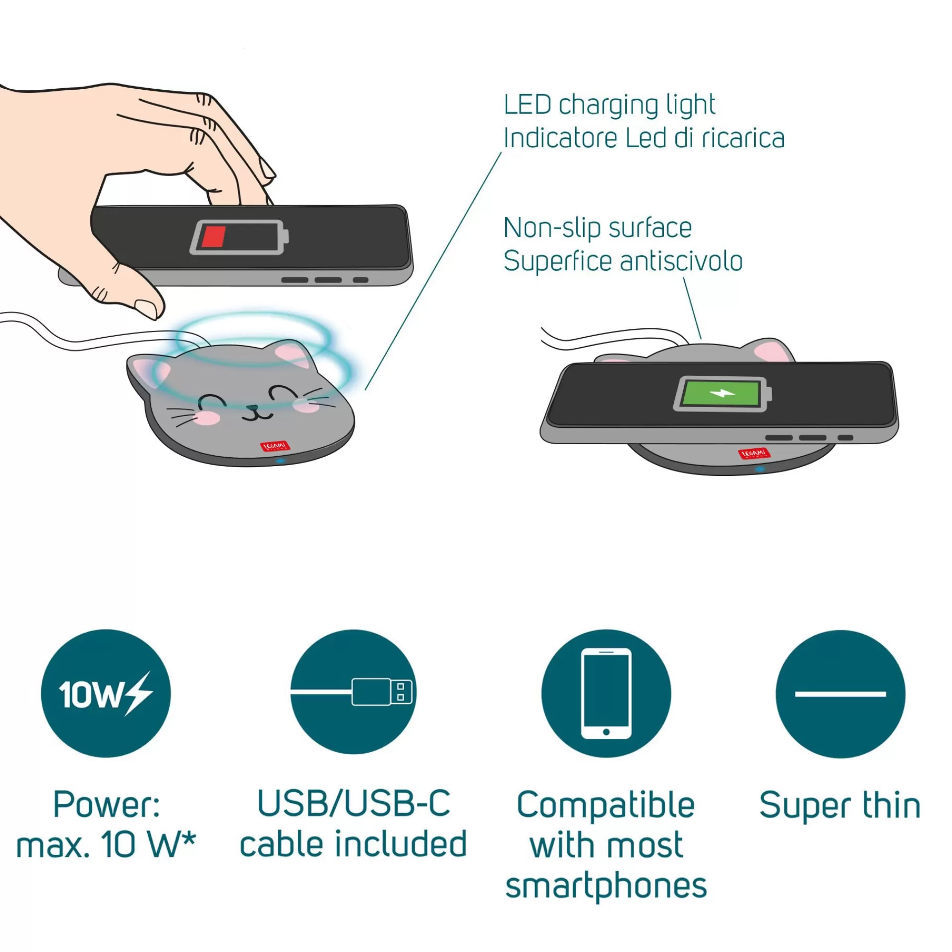 Legami Milano Caricabatterie Wireless con Supporto - Super Fast- Power Bank E Caricabatterie