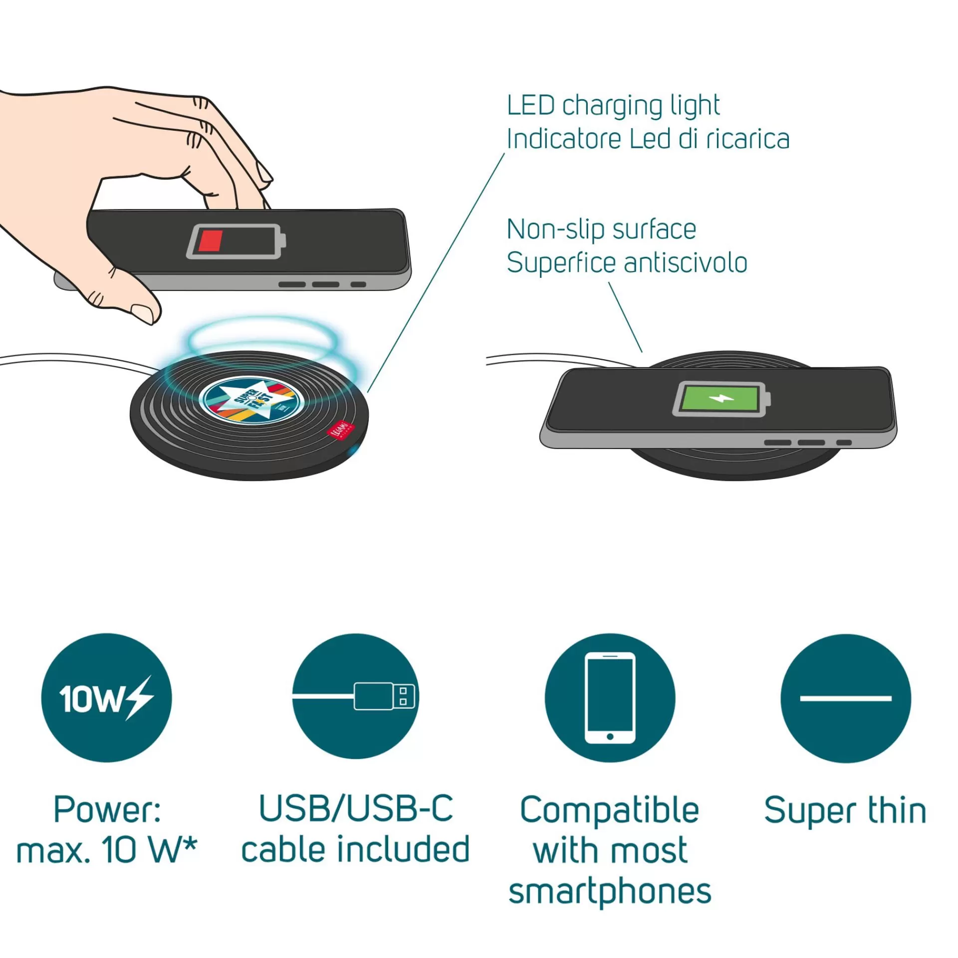 Legami Milano Caricabatterie Wireless per Smartphone - Super Fast- Power Bank E Caricabatterie
