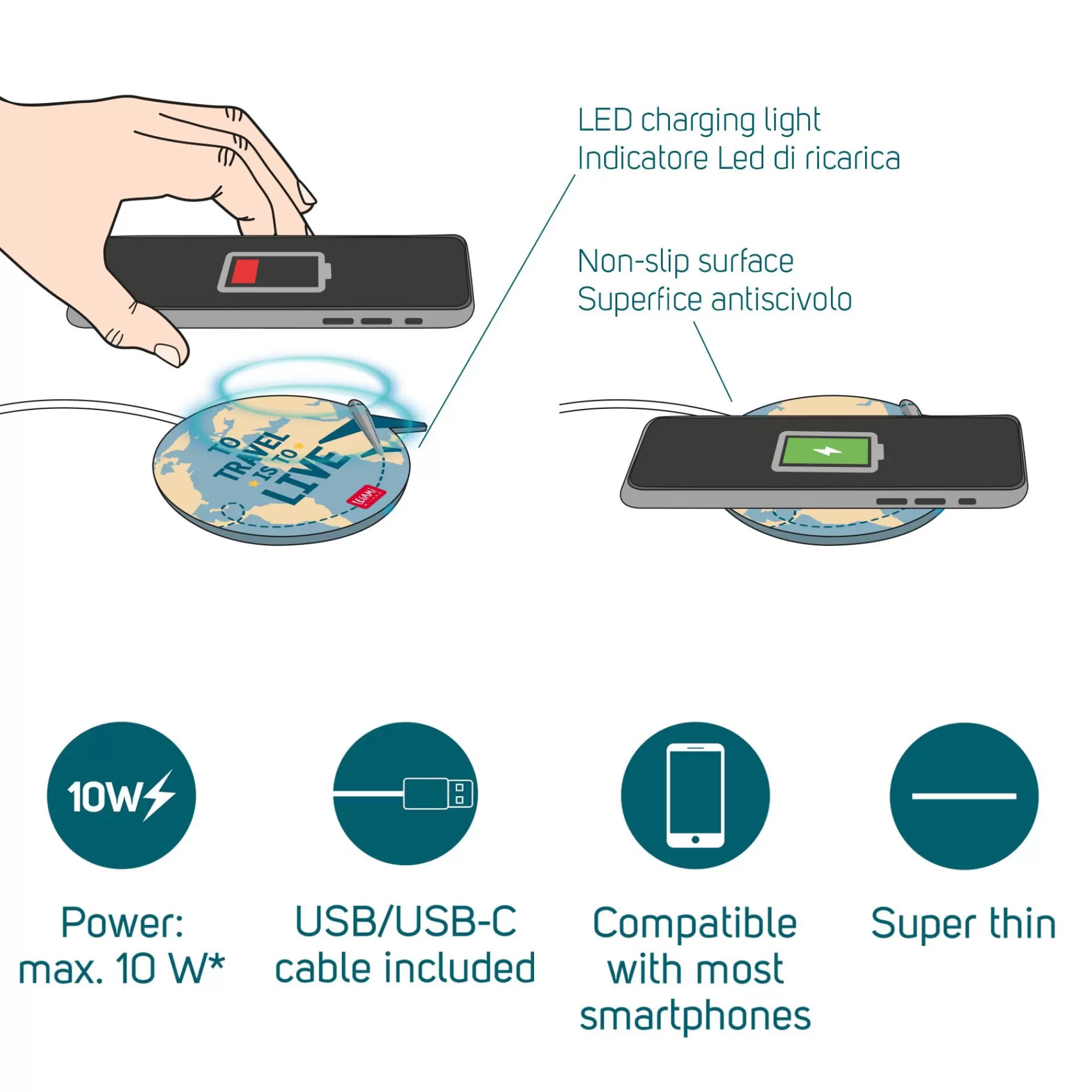 Legami Milano Caricabatterie Wireless per Smartphone - Super Fast- Power Bank E Caricabatterie