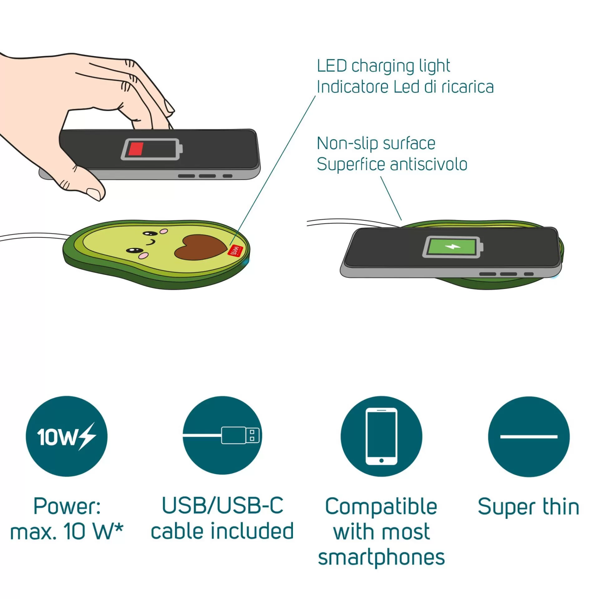 Legami Milano Caricabatterie Wireless per Smartphone - Super Fast- Power Bank E Caricabatterie