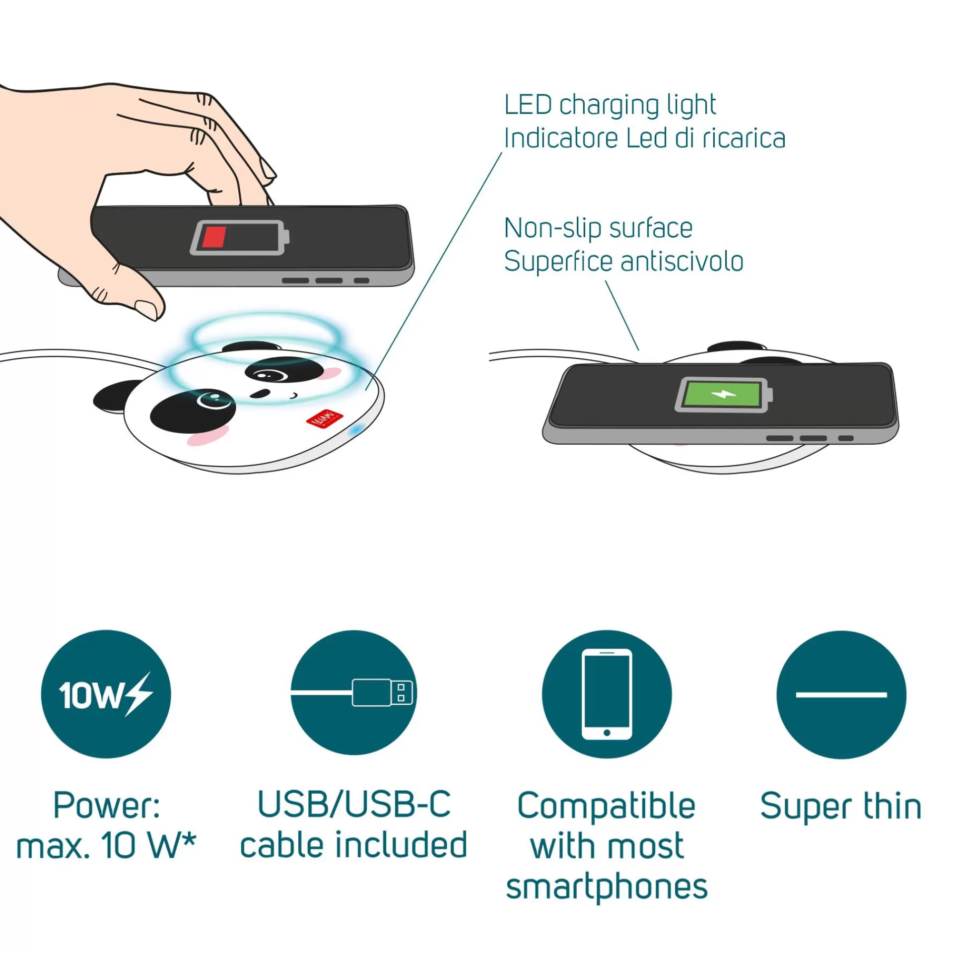 Legami Milano Caricabatterie Wireless per Smartphone - Super Fast- Power Bank E Caricabatterie