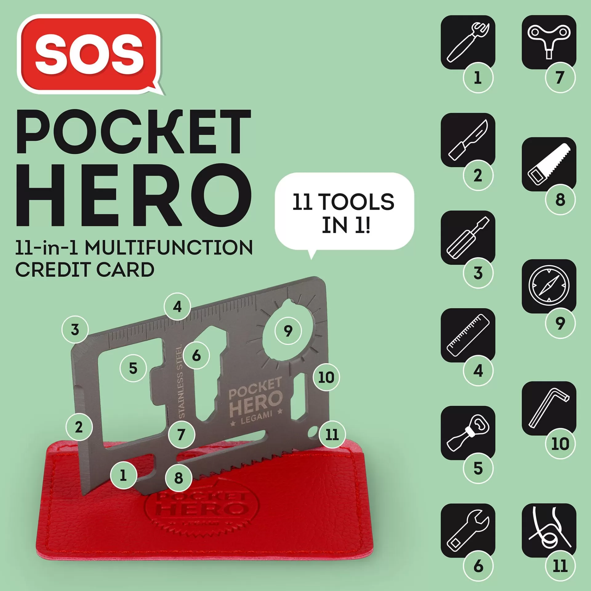 Legami Milano Carta Multifunzione in Acciaio 11 In 1 - SOS Pocket Hero- Altri Accessori
