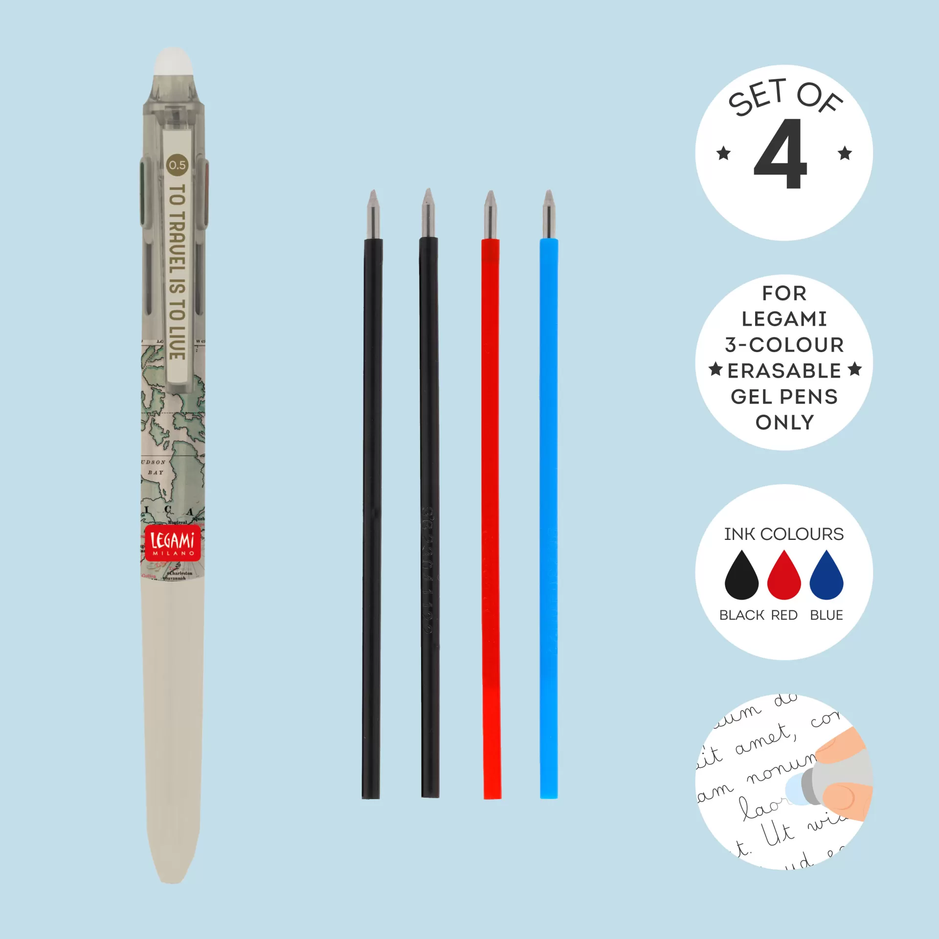 Legami Milano Set di 4 Refill per Penna Gel Cancellabile 3 Colori- Refill Penne Cancellabili