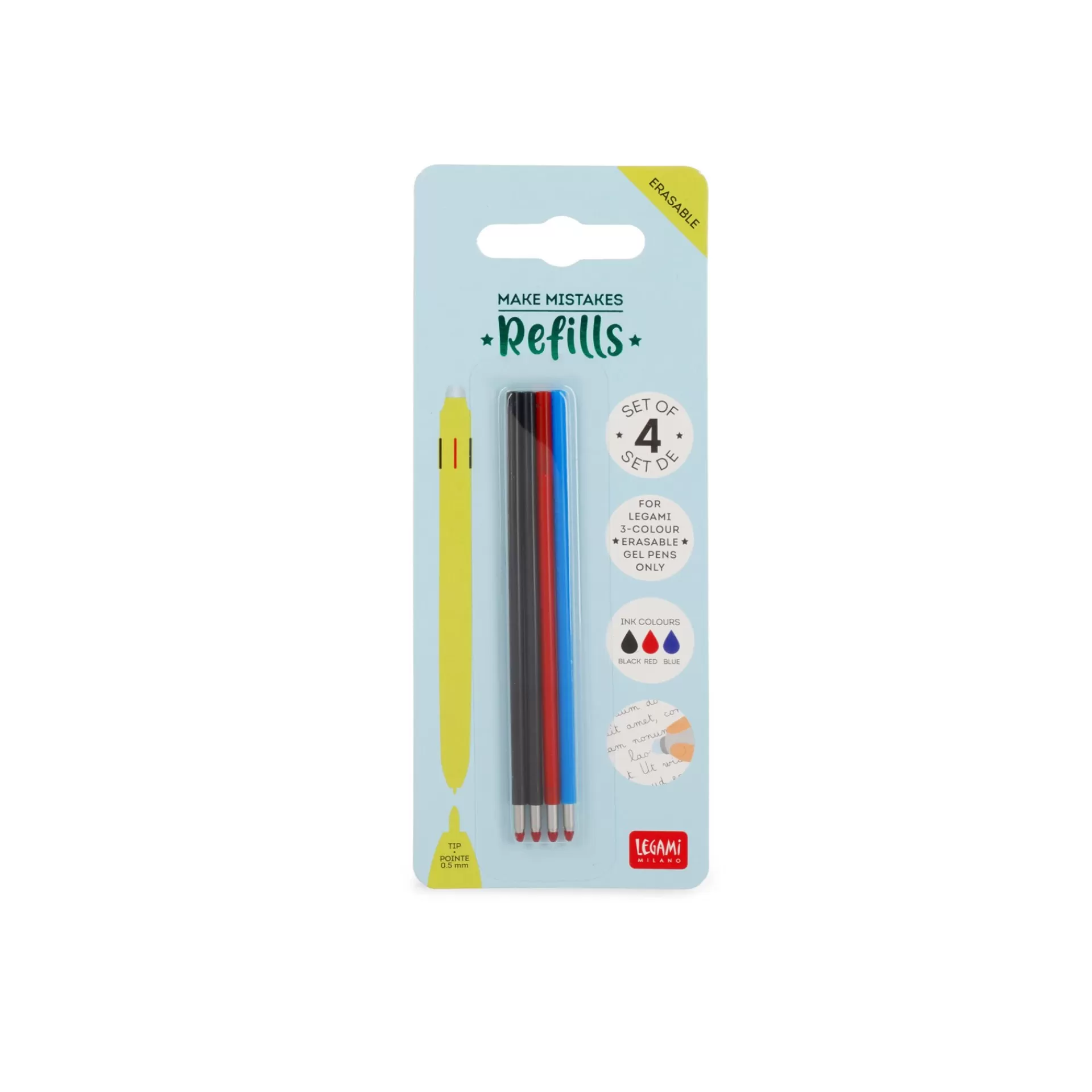 Legami Milano Set di 4 Refill per Penna Gel Cancellabile 3 Colori- Refill Penne Cancellabili