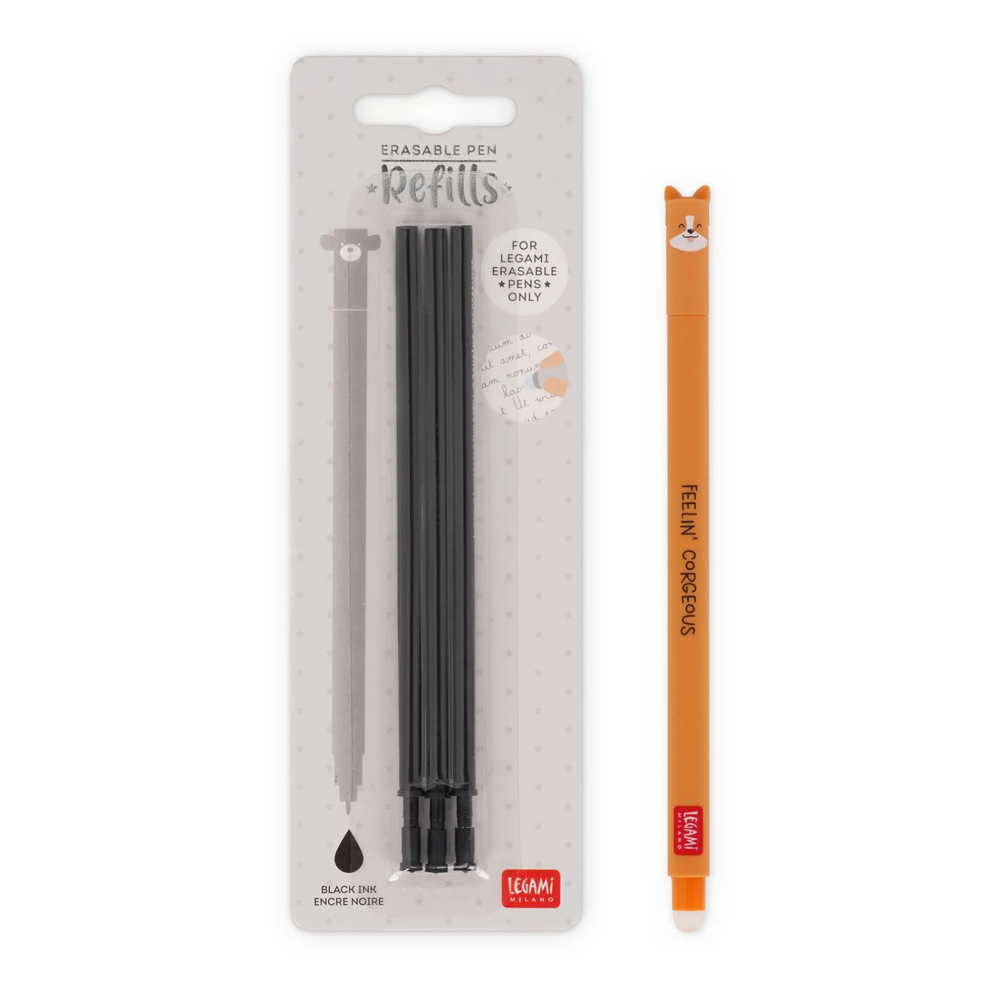 Legami Milano Set Penna Cancellabile Corgi con Refill Nero- Refill Penne Cancellabili | Penne Cancellabili