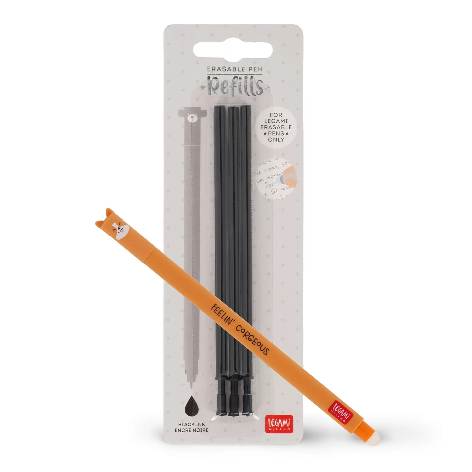 Legami Milano Set Penna Cancellabile Corgi con Refill Nero- Refill Penne Cancellabili | Penne Cancellabili