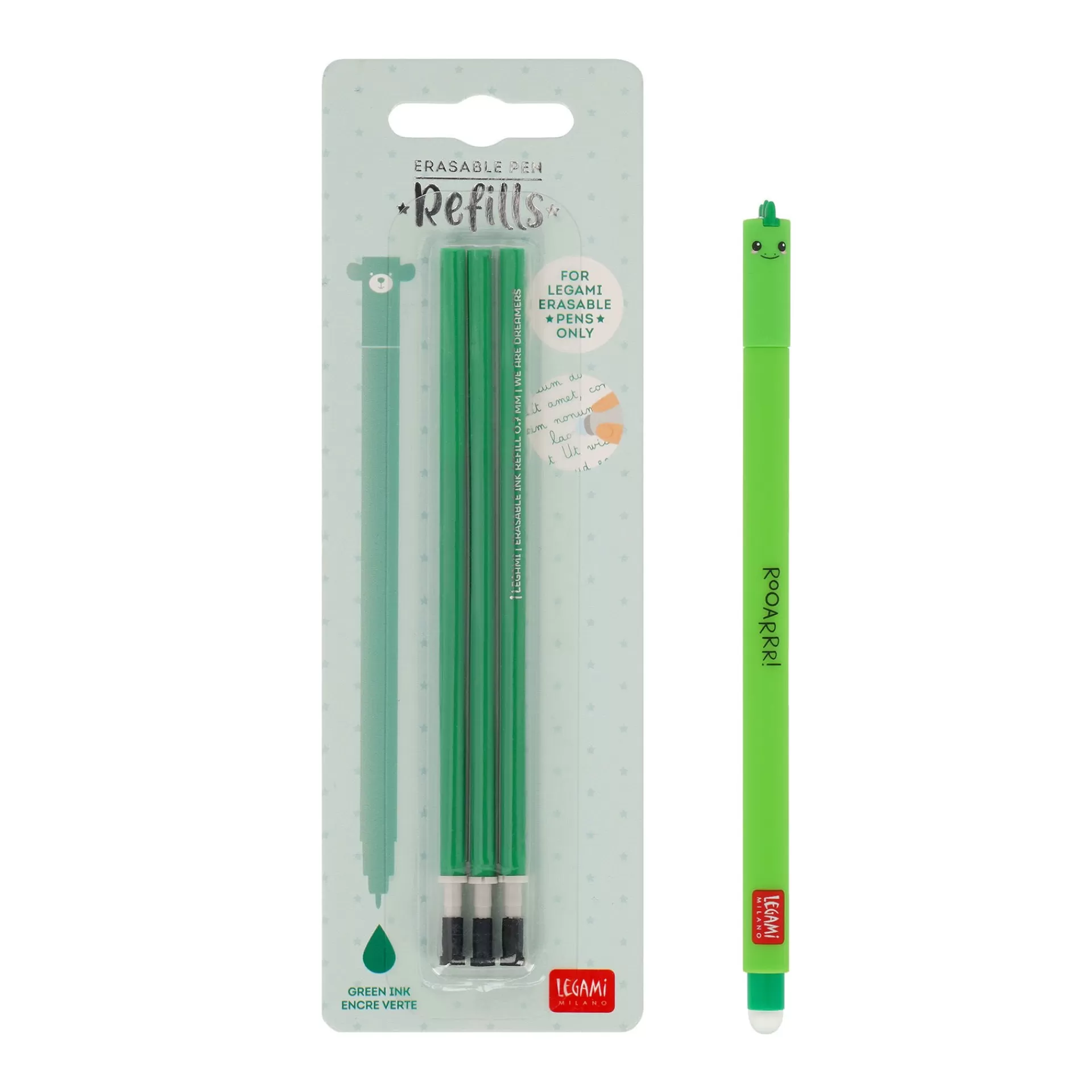 Legami Milano Set Penna Cancellabile Dino con Refill Verde- Refill Penne Cancellabili | Penne Cancellabili