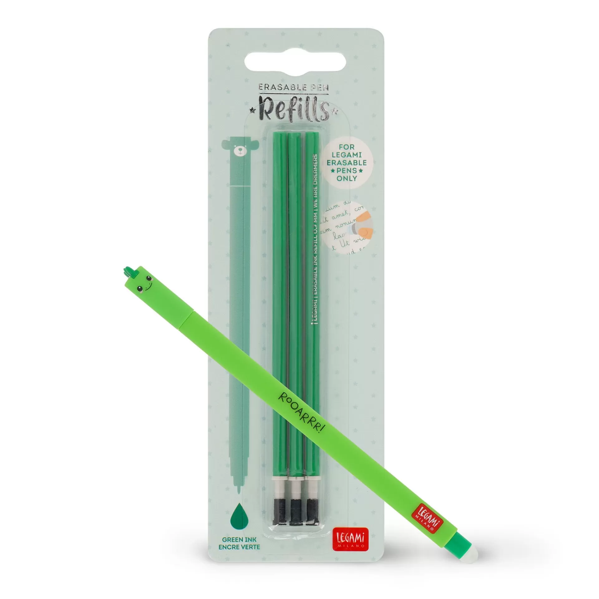 Legami Milano Set Penna Cancellabile Dino con Refill Verde- Refill Penne Cancellabili | Penne Cancellabili
