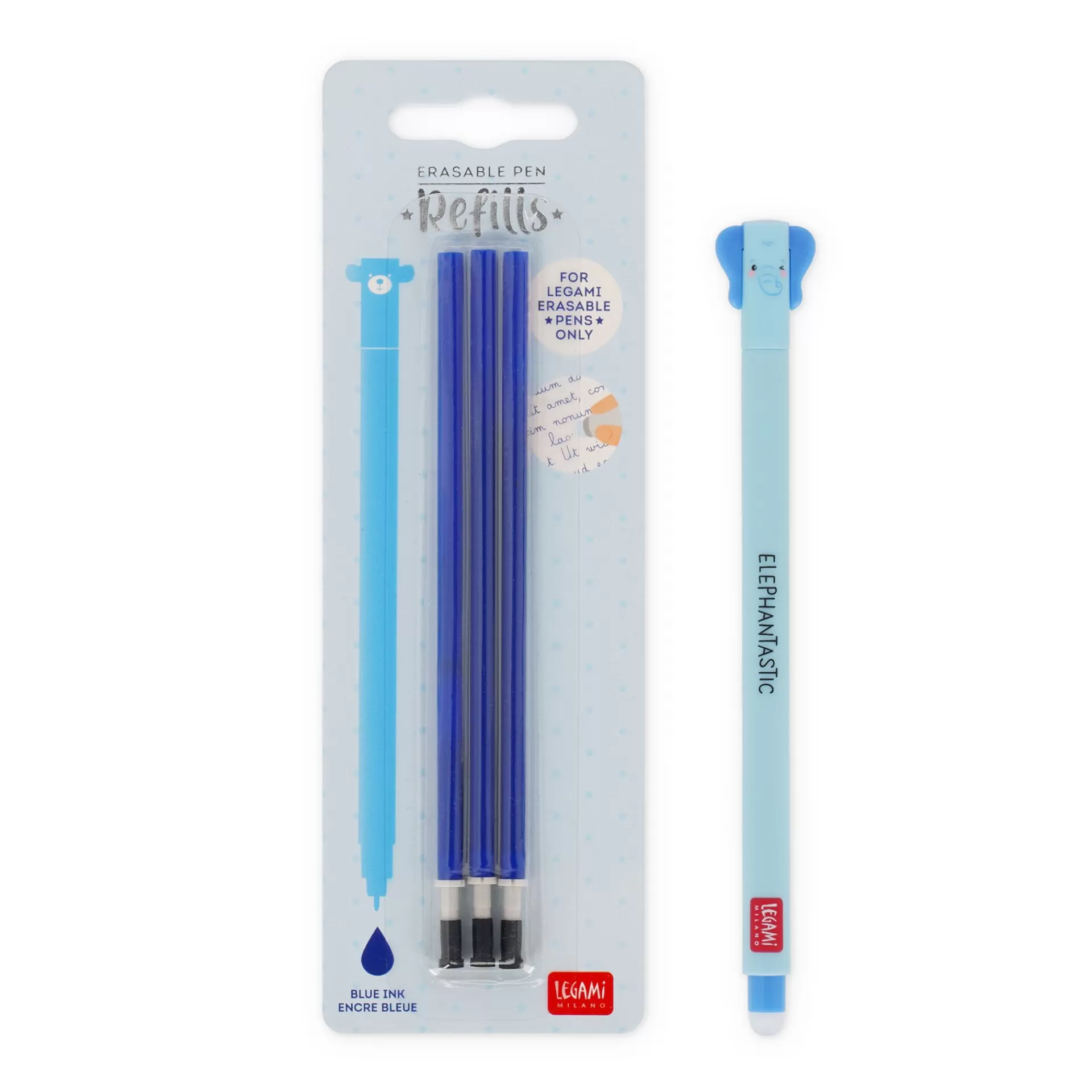 Legami Milano Set Penna Cancellabile Elephant con Refill Blu- Refill Penne Cancellabili | Penne Cancellabili