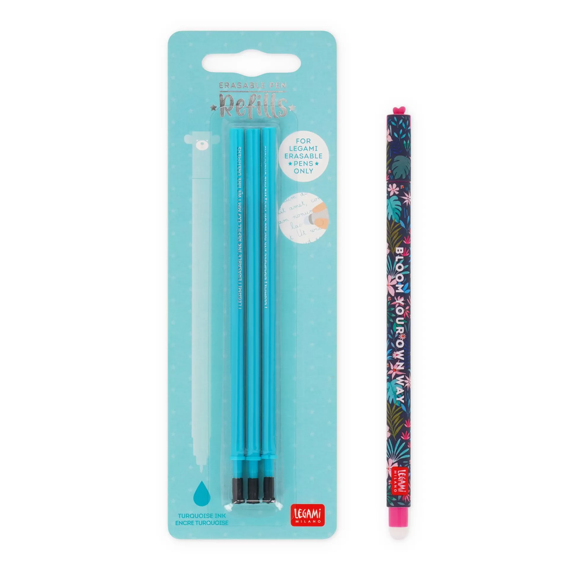 Legami Milano Set Penna Cancellabile Flora con Refill Turchese- Refill Penne Cancellabili | Penne Cancellabili