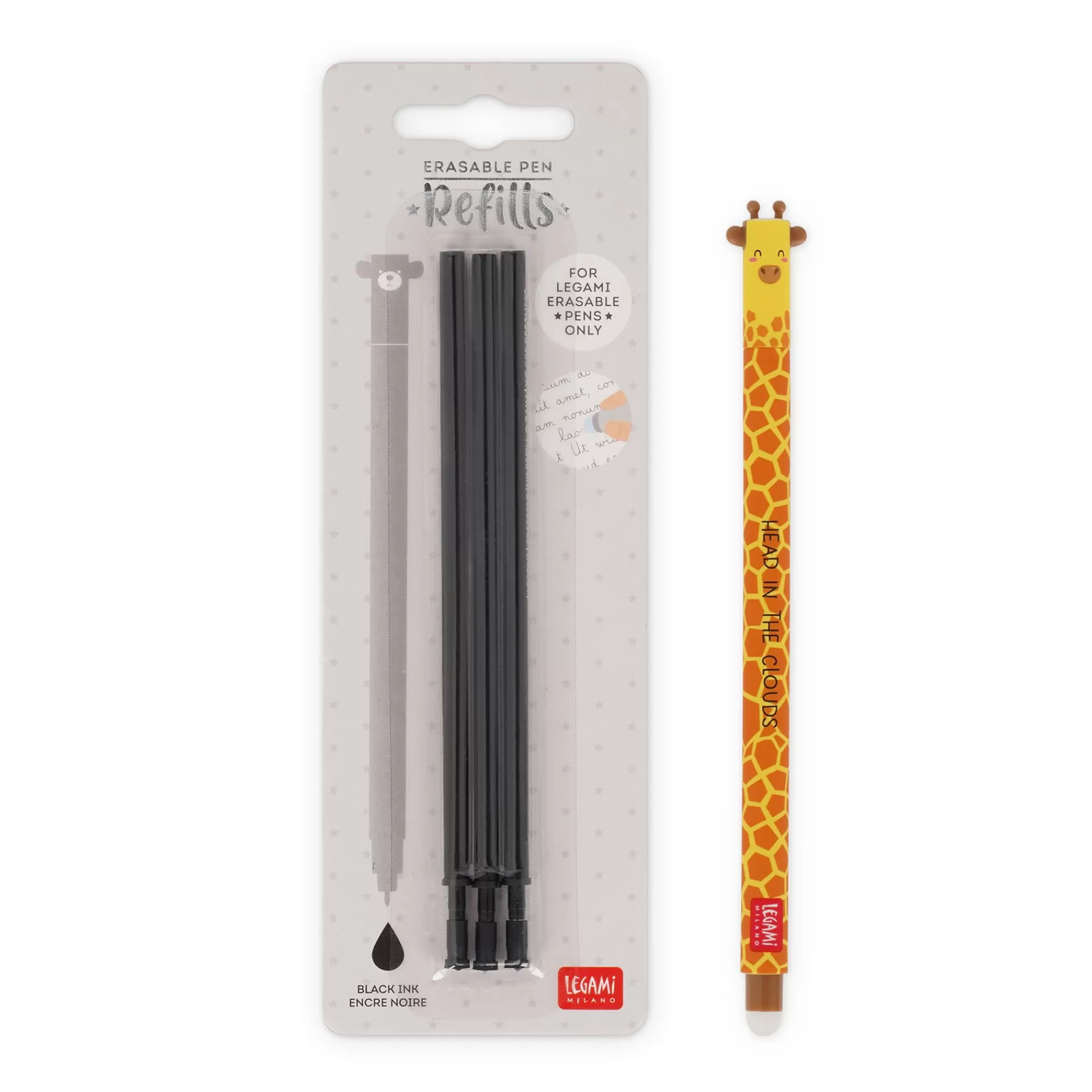 Legami Milano Set Penna Cancellabile Giraffe con Refill Nero- Penne Cancellabili | Refill Penne Cancellabili