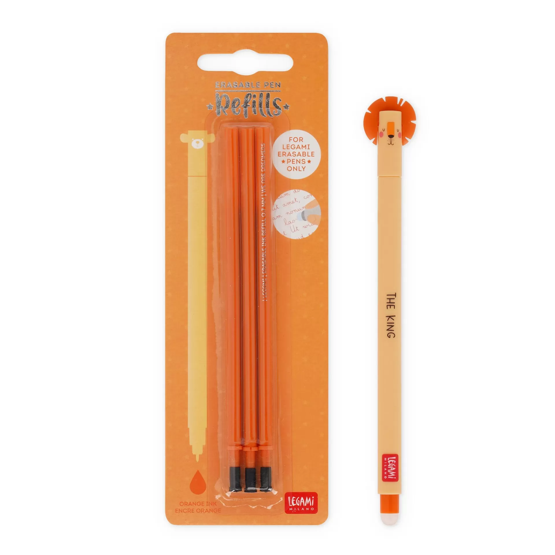 Legami Milano Set Penna Cancellabile Lion con Refill Arancione- Refill Penne Cancellabili | Penne Cancellabili