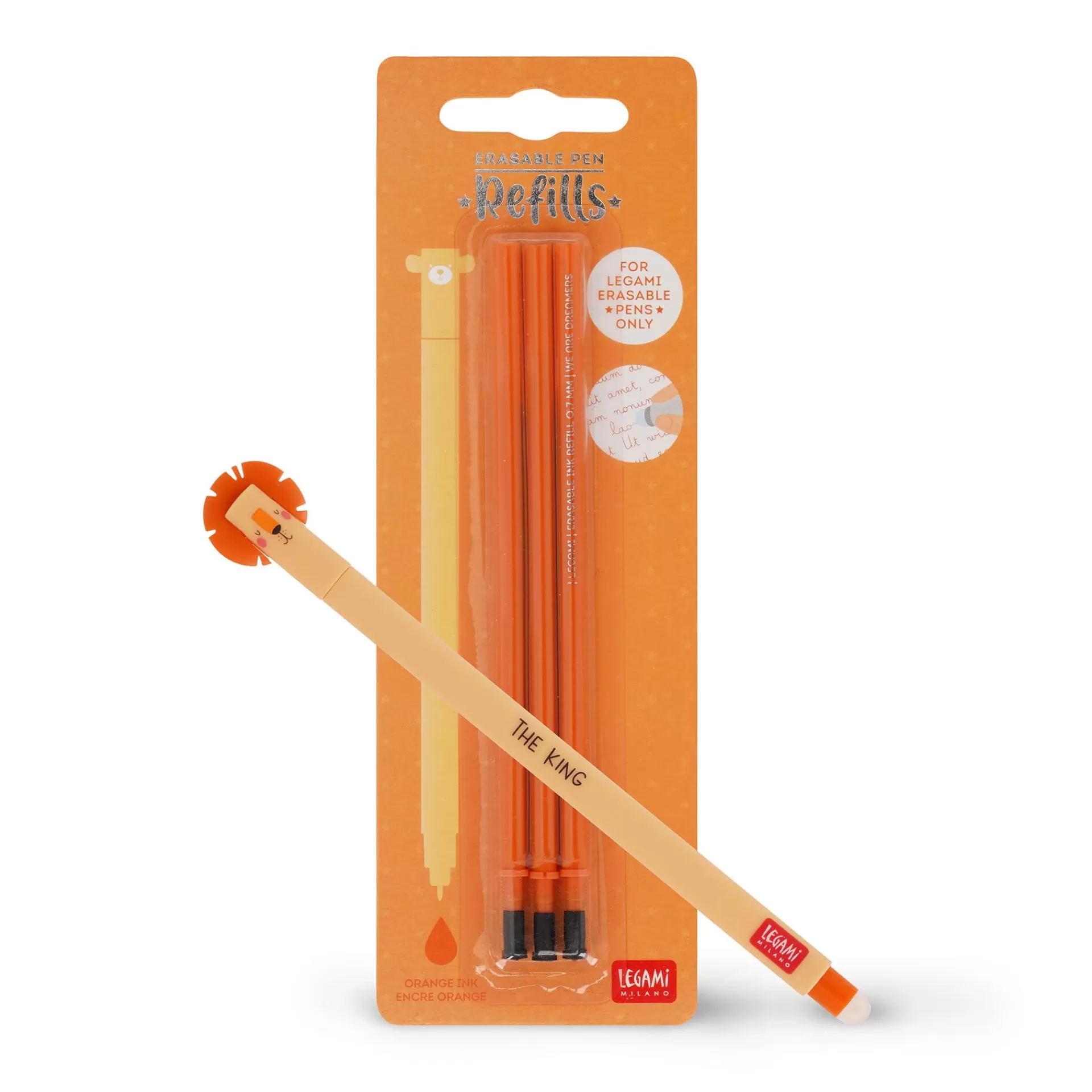 Legami Milano Set Penna Cancellabile Lion con Refill Arancione- Refill Penne Cancellabili | Penne Cancellabili