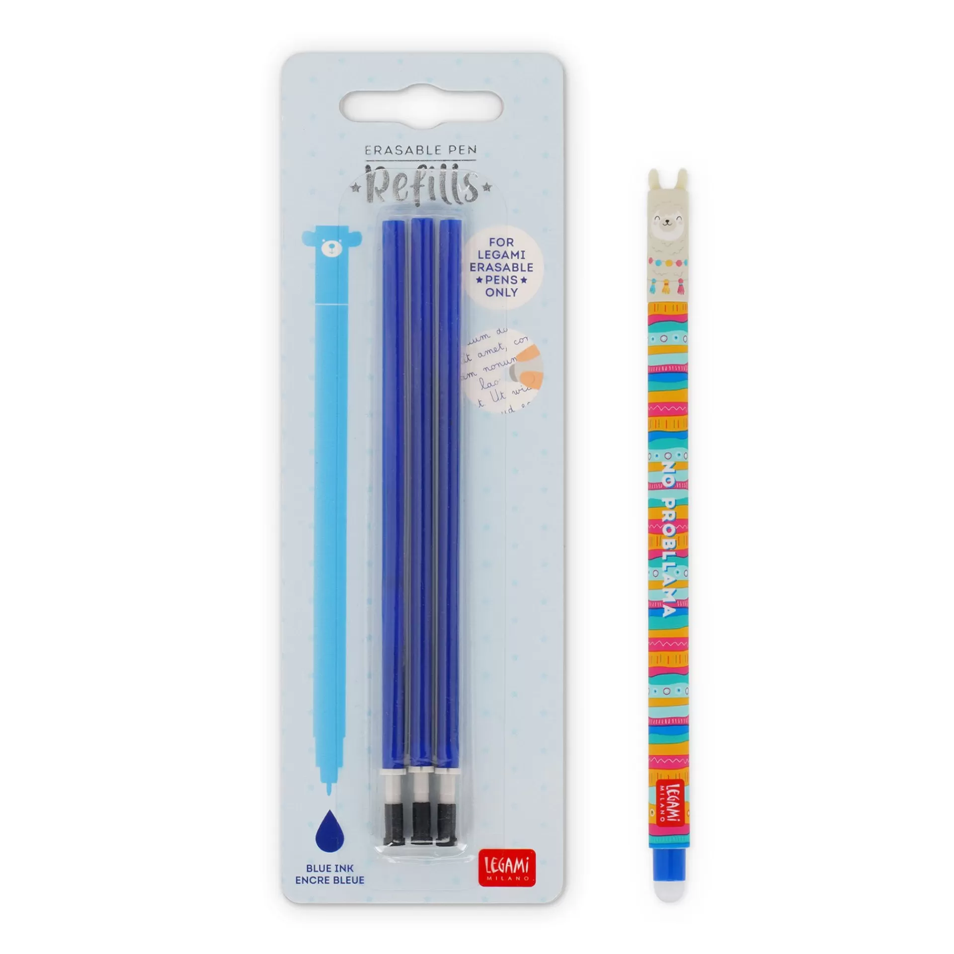 Legami Milano Set Penna Cancellabile Llama con Refill Blu- Refill Penne Cancellabili | Penne Cancellabili
