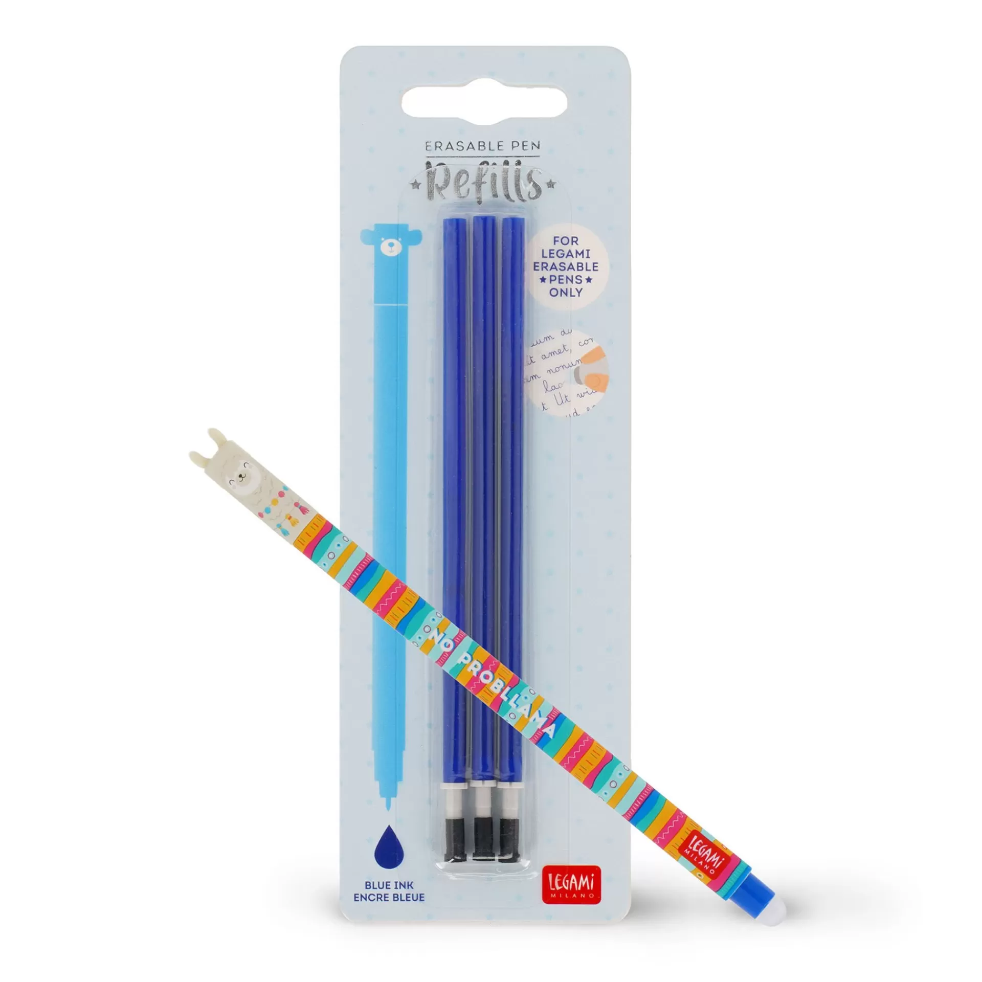 Legami Milano Set Penna Cancellabile Llama con Refill Blu- Refill Penne Cancellabili | Penne Cancellabili