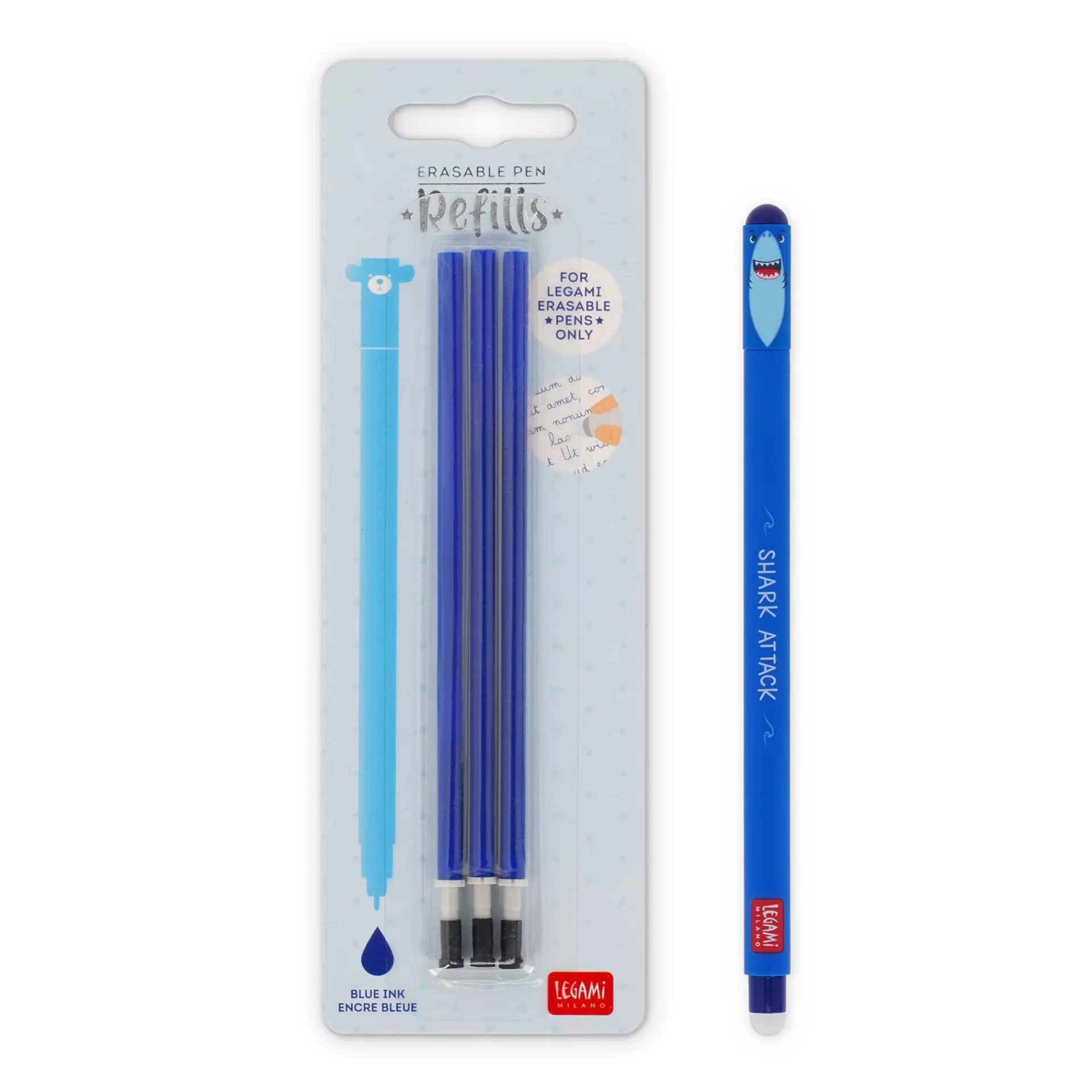 Legami Milano Set Penna Cancellabile Shark con Refill Blu- Refill Penne Cancellabili | Penne Cancellabili