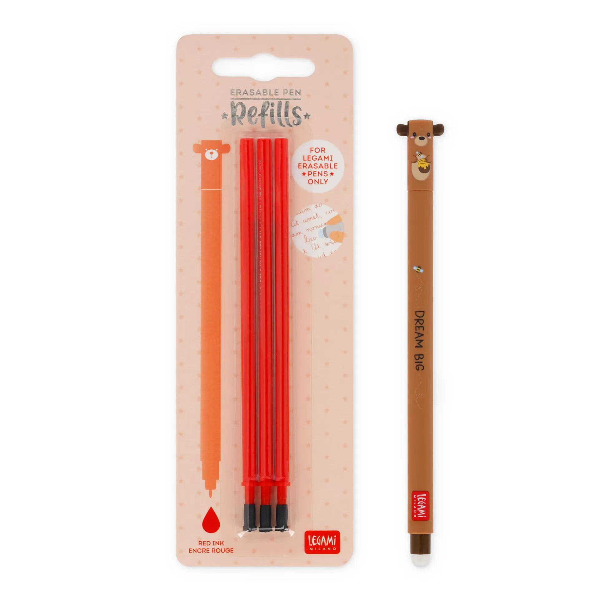 Legami Milano Set Penna Cancellabile Teddy Bear con Refill Rosso- Refill Penne Cancellabili | Penne Cancellabili