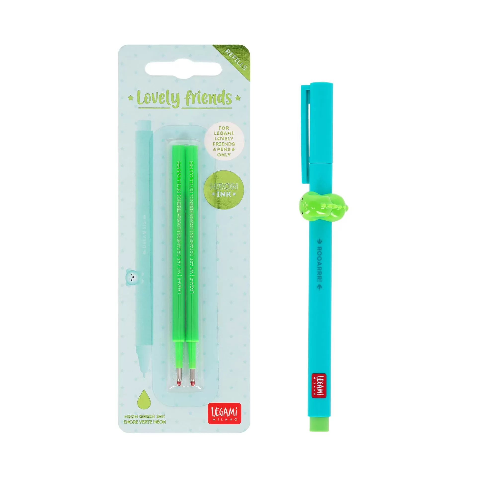 Legami Milano Set Penna Lovely Dino con Refill Verde Neon- Refill Penne Lovely Friends | Penne A Sfera E Gel