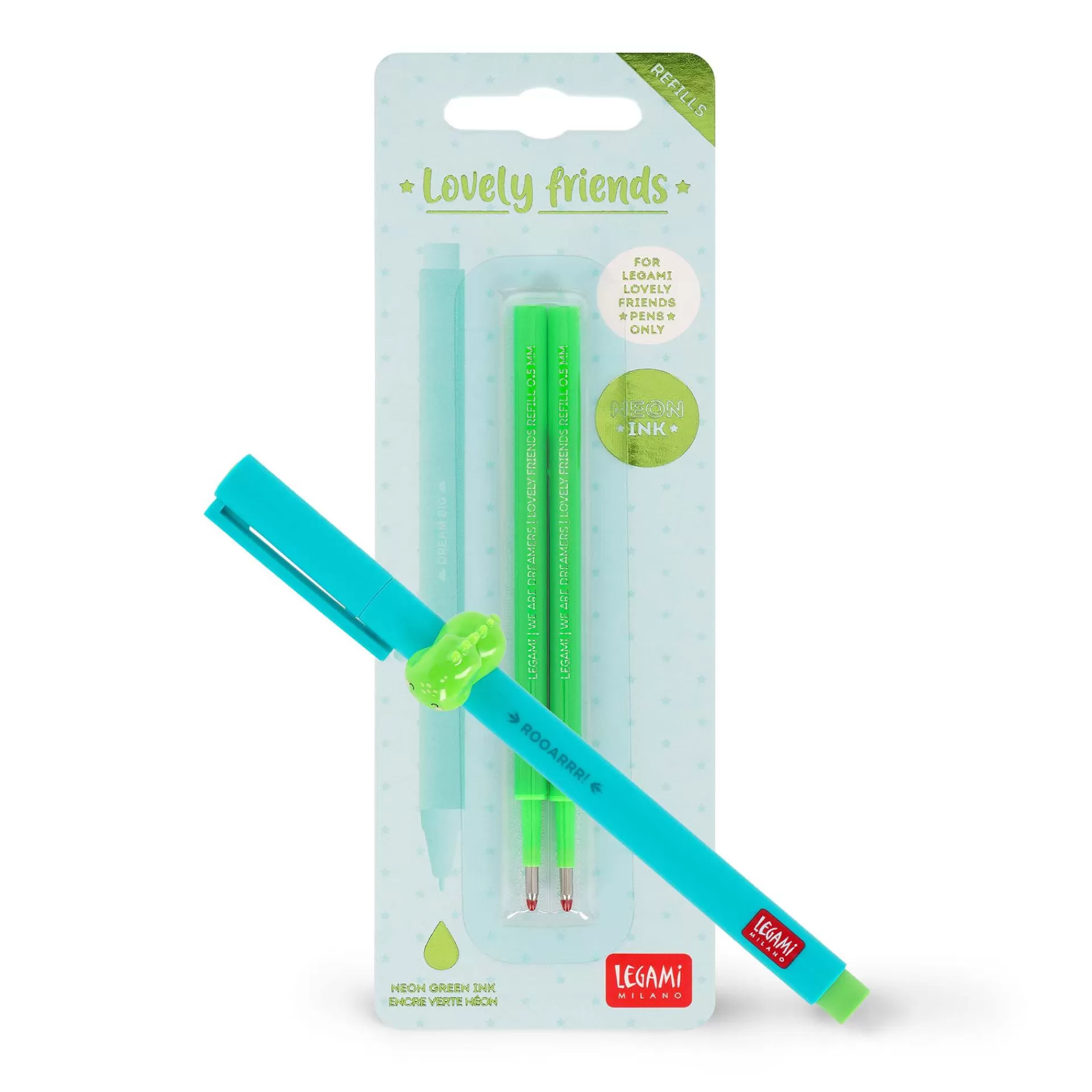 Legami Milano Set Penna Lovely Dino con Refill Verde Neon- Refill Penne Lovely Friends | Penne A Sfera E Gel
