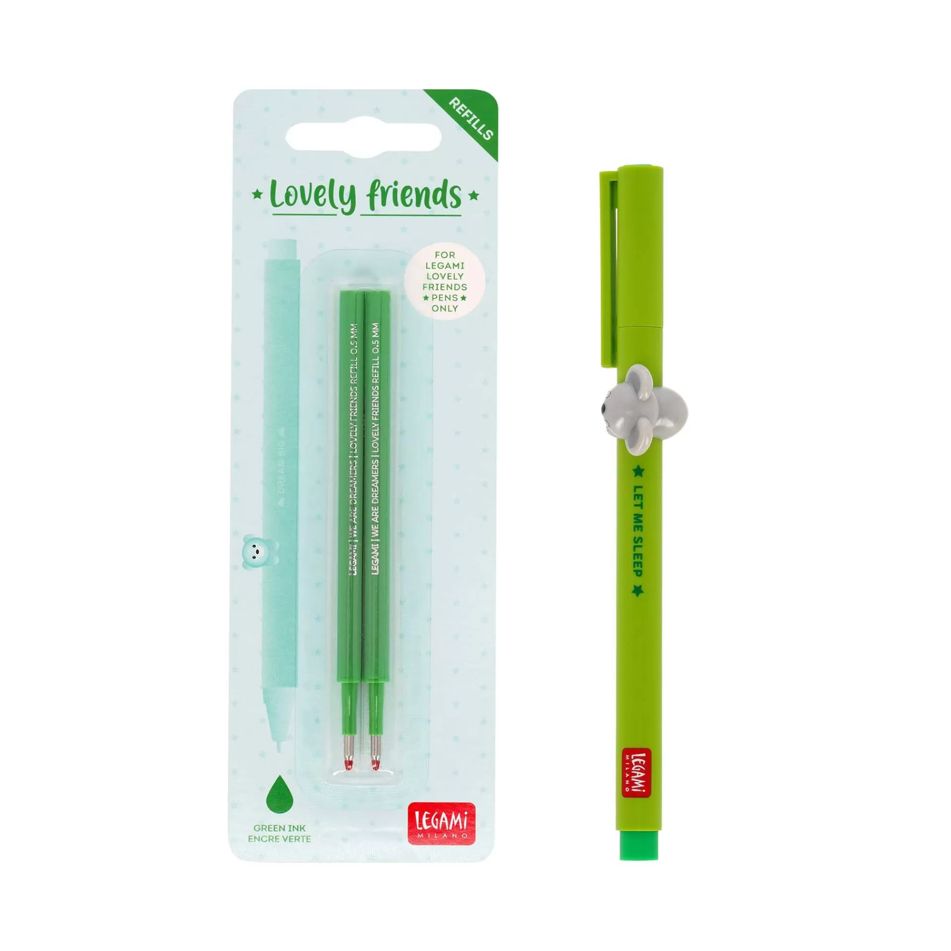 Legami Milano Set Penna Lovely Koala con Refill Verde- Refill Penne Lovely Friends | Penne A Sfera E Gel