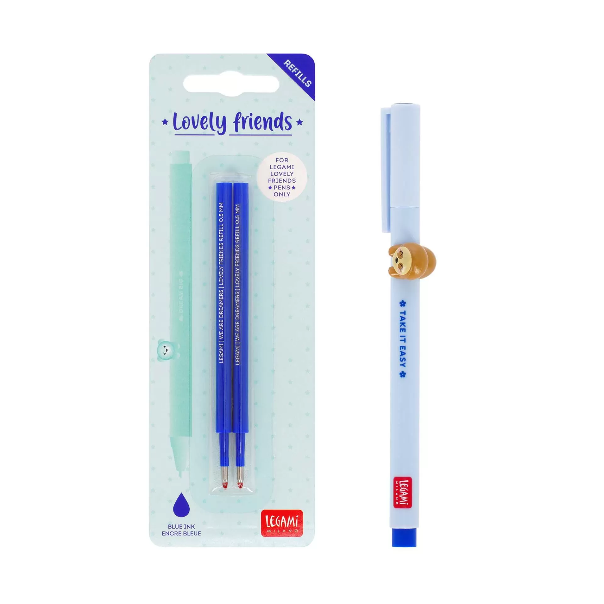 Legami Milano Set Penna Lovely Sloth con Refill Blu- Refill Penne Lovely Friends | Penne A Sfera E Gel
